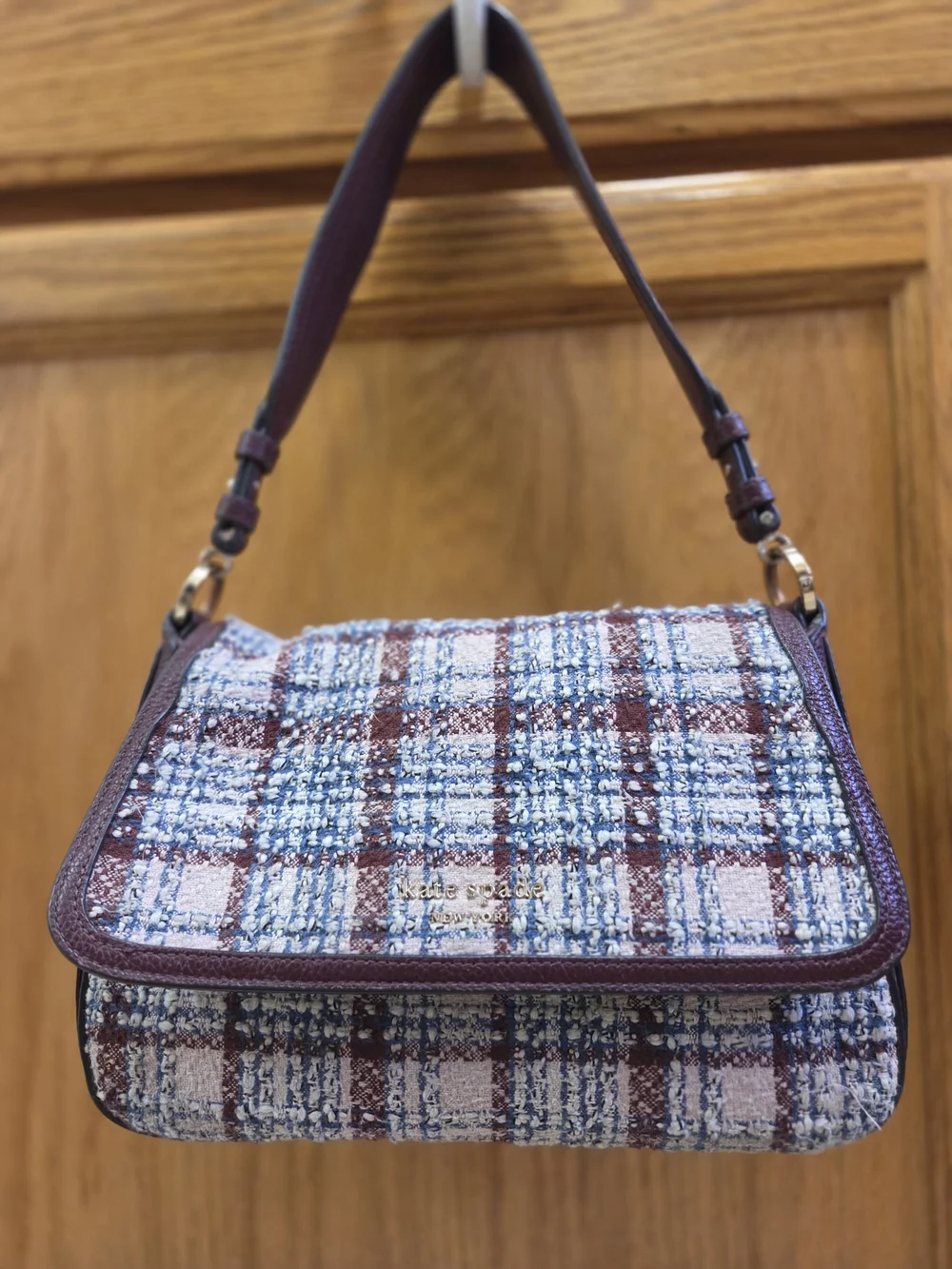 kate spade Blue and Burgundy Tweed Shoulder Bag with Leather Trim
